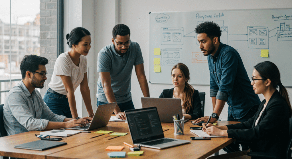 A modern workspace showing responsive website design displayed on a laptop, tablet, and smartphone, representing a professional responsive web development company