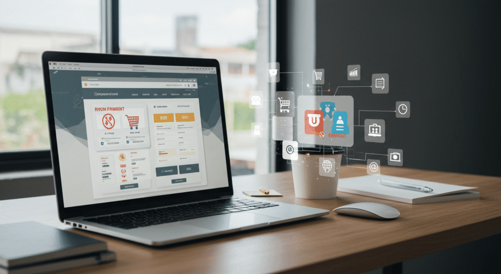 A modern workspace showing ecommerce website design with product pages, shopping cart, and checkout screens, representing a professional ecommerce web development company.